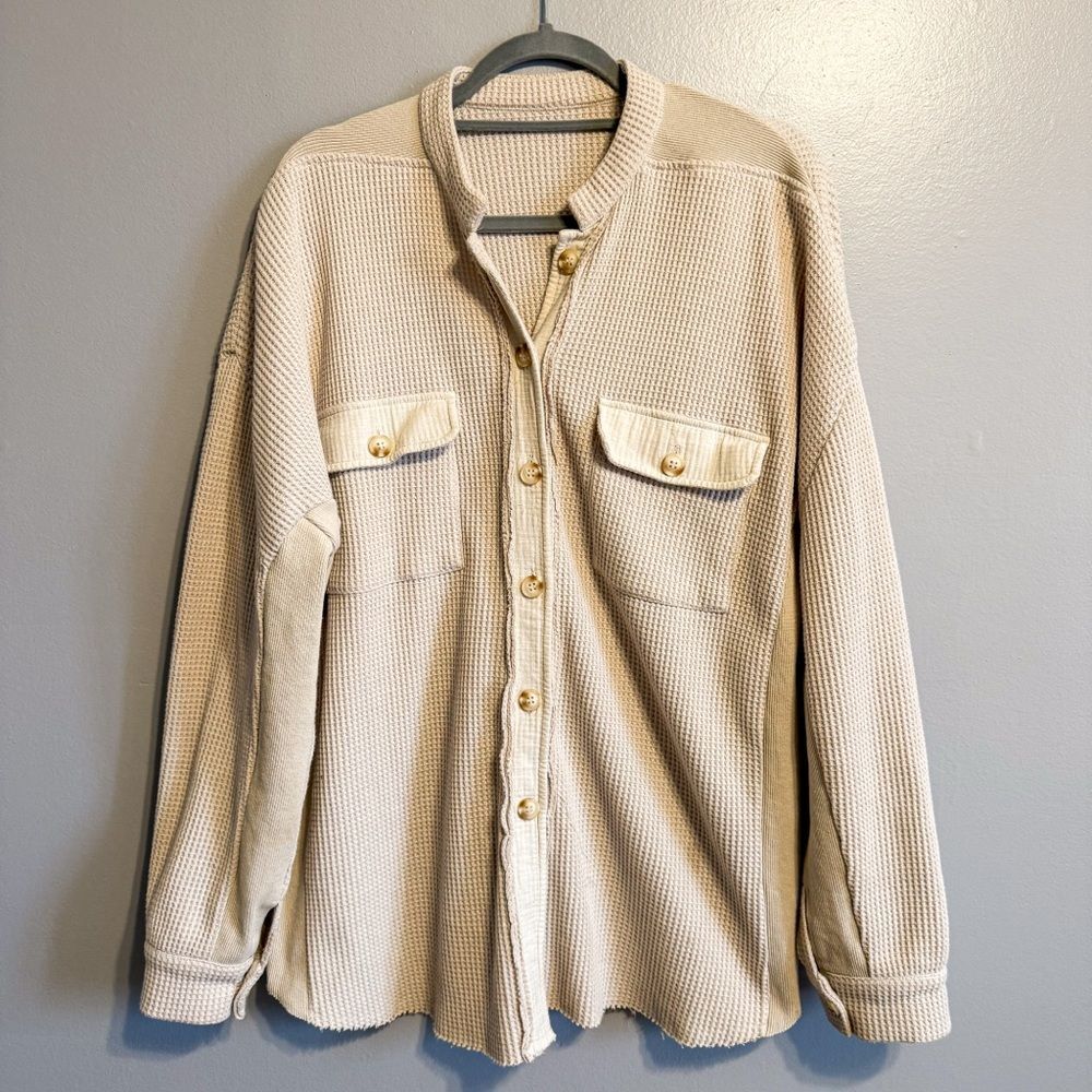 Beige Waffle Knit Button Down Shacket Utility Jacket Overshirt Large